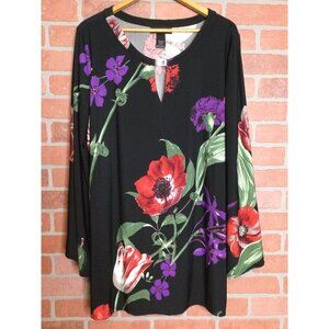 Ashley Stewart Black Floral Tunic Top Red Purple Flowers Bell Sleeves Siz2 22/24